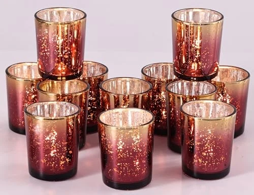  Juego de 12 Candelabros Votivos Borgoña, Motas Vidrio Mercurio Borgoña + Oro Foto 2 de 4