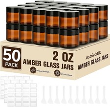 50 Pcs 2 oz Glass Jars with Lids,Amber,with 40 Labels 10 Spatulas Glass Jars