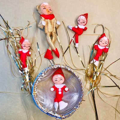 Midcentury Nylon Cloth Face Christmas Pixie Elf Ornaments Lot of 5 made in JAPAN