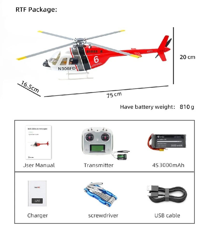 Fly Wing Bell 206 V3 6CH 3D GPS Auto Return 4 Blades RC Helicopter 2 Battery - Image 3 of 4