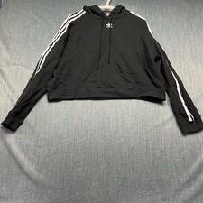 Adidas Women's Crop Hoodie Size L Black 3-Stripe Trefoil Pullover Sweatshirt Gym