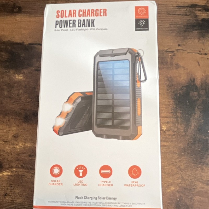 Solar Charger Power Bank Portable LED Flashlight Compass IPX6 Waterproof Orange