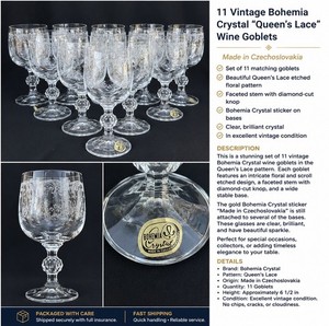 Bohemia Crystal 11 Queen's Lace Etched Stemmed Faceted Wine Goblets Clear