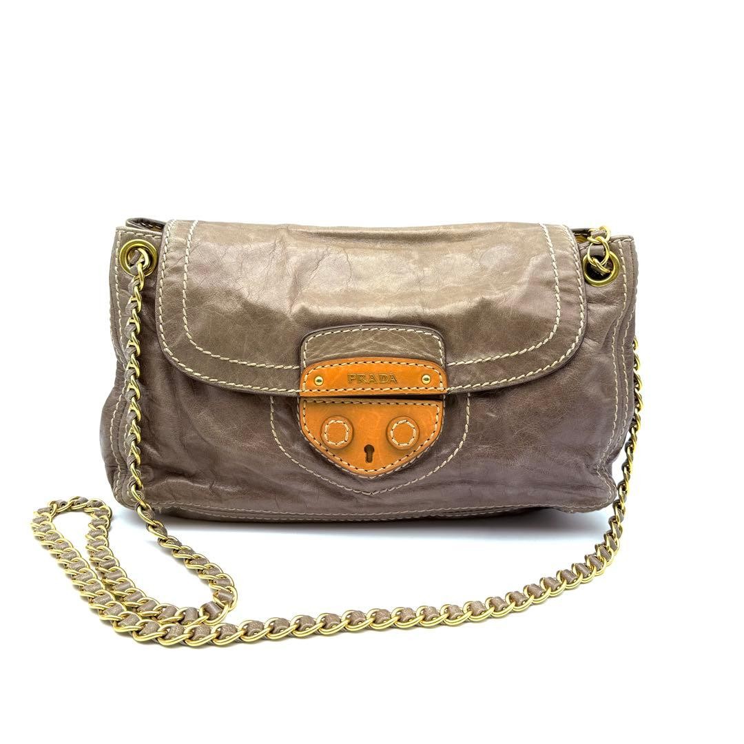 PRADA Khaki Leather 2Way Handbag Wrinkled Finish