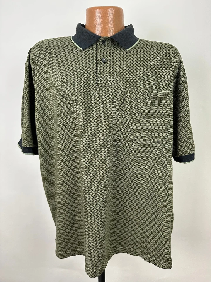 Camisa Polo Vintage Años 90 Geométrica Rayas Hombres XL Zig-Zag Amarillo Azul Marino St Johns Bay Foto 2 de 4