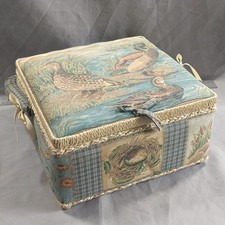 Vintage Ducks Tapestry Fabric Cushion Covered Sewing Box Basket With Contents