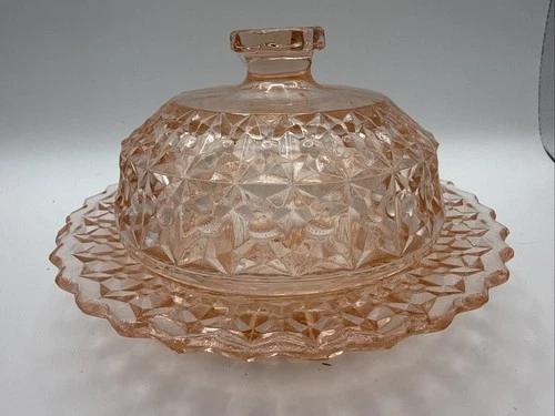 Vtg Jeanette Depression Glass Buttons & Bows, Holiday Pink Lidded Butter Dish 6"