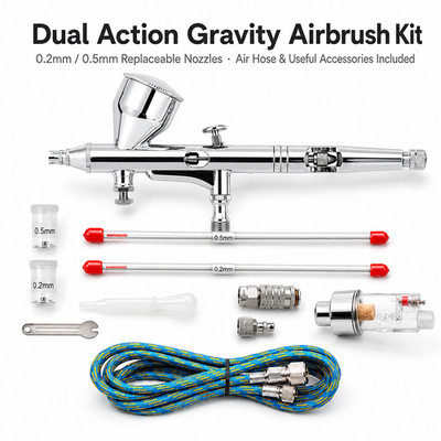 Dual Action Gravity Airbrush Kit with 0.2/0.5mm Nozzles & Air Hose