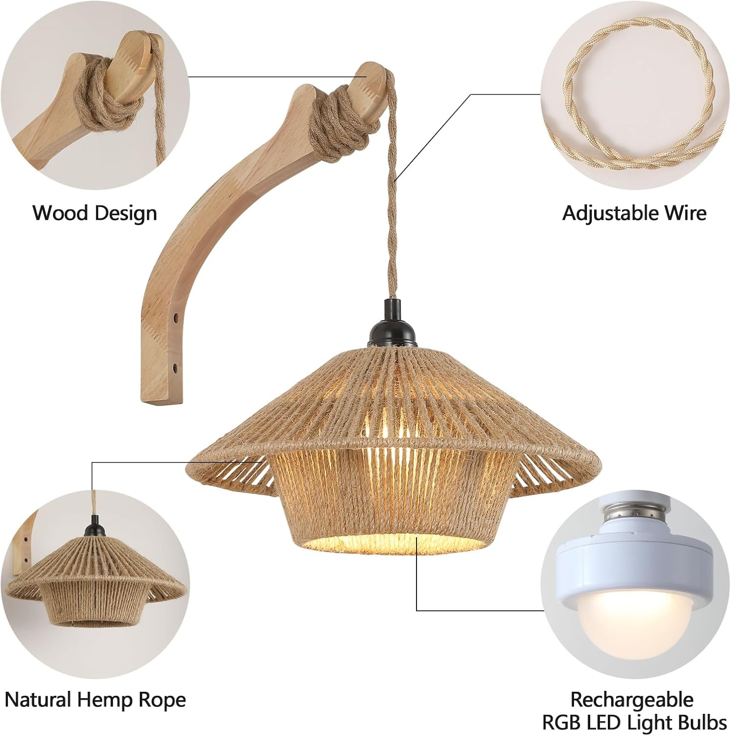 Battery Operated Large Wall Sconce,Wireless Rechargeable Woven Rattan Boho Sconc