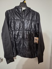 Avia Women's sz M, Black Quilted Jacket, Woven Body, Pockets, Hood, Zip-Up, NWT