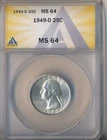 1949-D WASHINGTON SILVER QUARTER **ANACS CERTIFIED MS 64** FREE SHIPPING!!