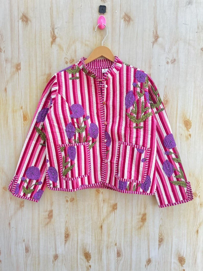 Indian Purple Hand Block Floral Cotton Quilted Unisex Womens Clothing Jacket US