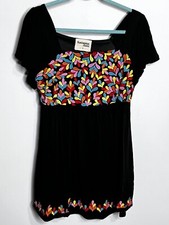 Savanna Jane Dress Womens S Black Mini Embroidered Short Sleeve Beach Bohemian