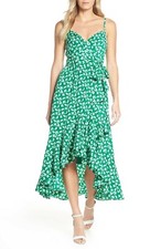 ELIZA J Green White Floral High Low Ruffle Faux Wrap Tie Waist Smocked Dress 10