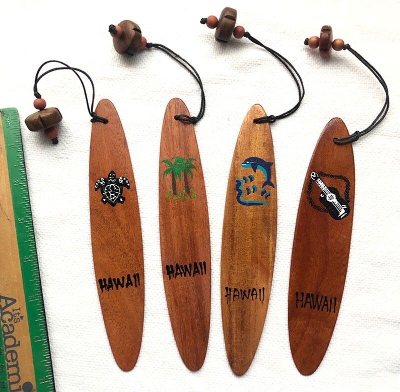 4 Hawaiian Hand Painted Wooden Surfboard Book Markers Dolphin Palms Honu Hawaii