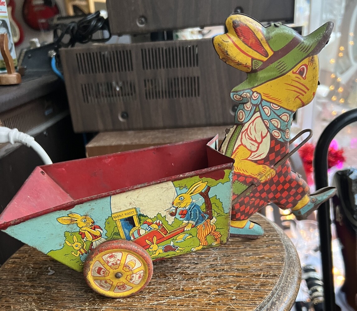 Vintage Chein Tin Litho Toy Easter Bunny Rabbit Pulling Wagon Cart