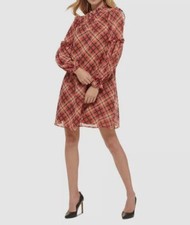 Tommy Hilfiger Women's Red Plaid Ruffled Shift Dress Size 14