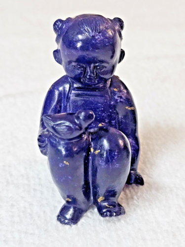 Antique Lapis Lazuli Child w/ Bird Carving 104g DEEP BLUE w/ Pyrite - Rare VTG
