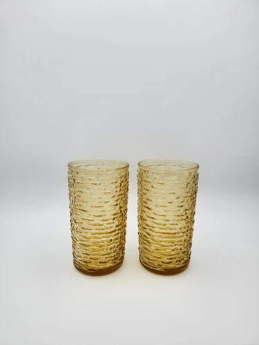 2 VTG Anchor Hocking Lido Soreno Amber Gold Glass Glasses Tumblers 5” Textured