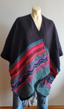 1980s Vintage Poncho Cape black fringe Aztec rainbow jaquard Woven pattern OS