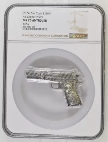 2 Oz Silver Coin 2024 Chad .45 Caliber Pistol NGC MS 70 Antiqued Top Pop 21 #657