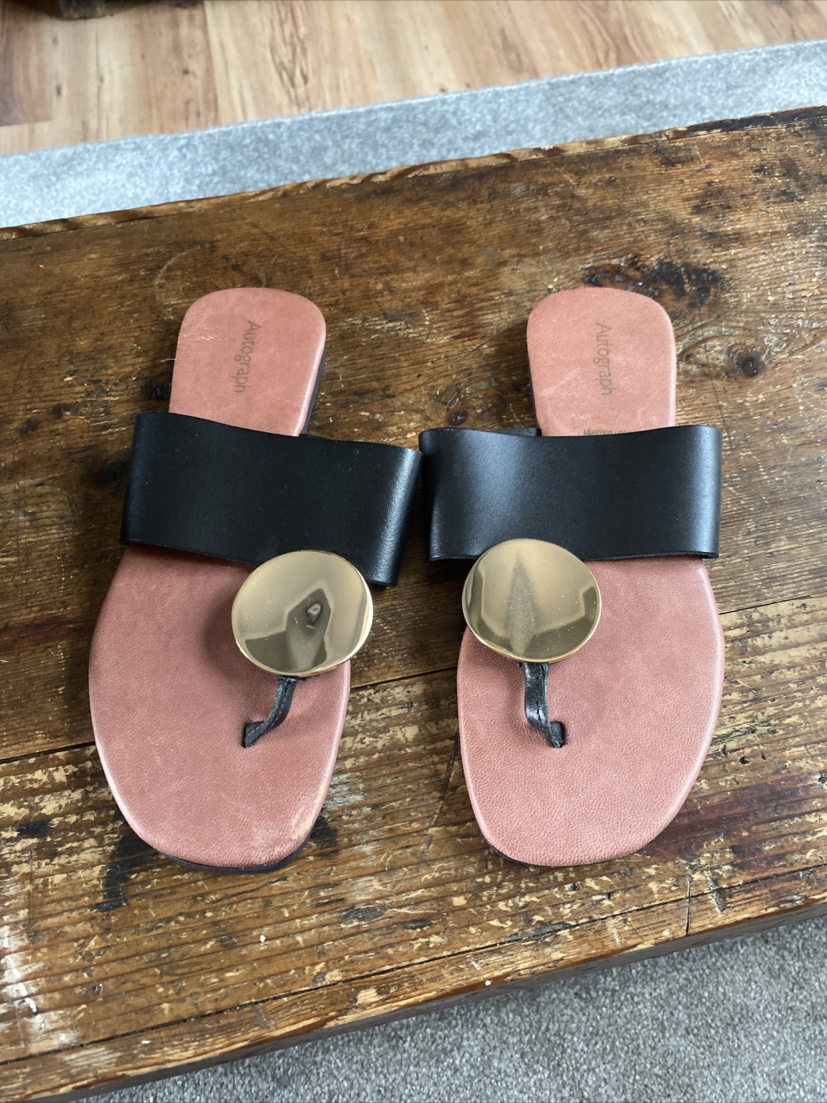 Autograph Mu0026S Flat Sandals Size 3.5 Black u0026 Gold Pre Owned B3 | eBay