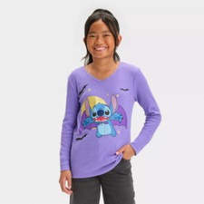Disney Lilo  Stitch Kids Girls Halloween Purple Long Sleeve Graphic T-Shirt NEW
