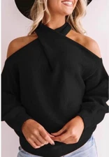 NIP NWT Angashion Women’s Sweater Off The Shoulder Crossed V Neck Size Large