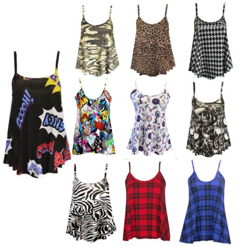 Womens Ladies Cami Sleeveless Swing Vest Top Strappy Printed Flared Plus Sizes - Picture 1 of 31