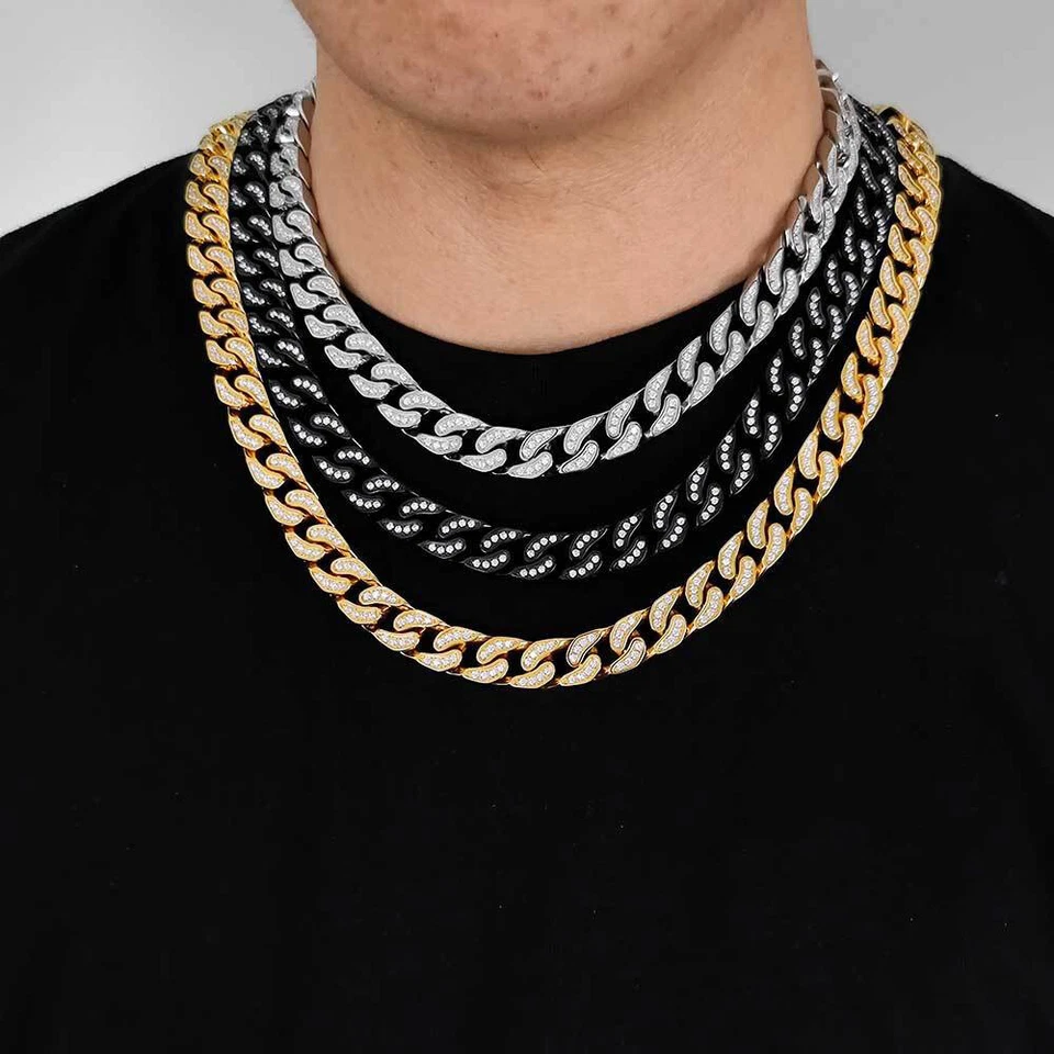 Collar de cadena de eslabones cubanos de acero inoxidable hip hop de 12 mm de circón completo joyería para hombre Foto 4 de 4
