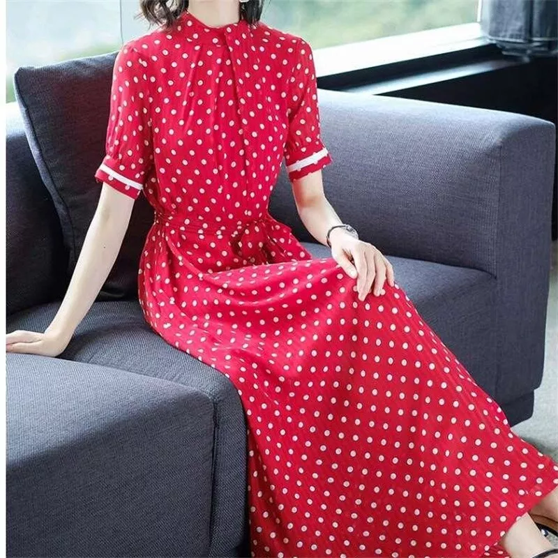 Lady Polka Dots Maxi Dress Loose Casual Baggy Swing with Belts Summer Retro  Chic