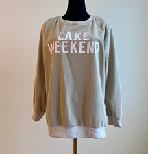 Cozy Corduroy Beige Crew Neck Pullover Sweatshirt "Lake Weekend" Graphic M