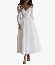 Tea-Length Wedding Dresses V-Neck Tulle,Long Sleeves, Size 8