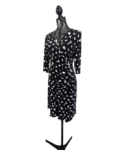 Joseph Ribkoff Wrap Dress Womens Size 12 Black White Print Stretch Knee Length