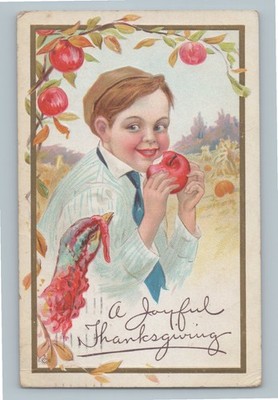 A Joyful Thanksgiving Boy Happily Eating Apple Jealous Turkey 1912 Postcard H4