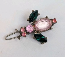 Vintage Silver Tone Pink Green Rhinestone Bug Bee Hair Barrette Clip