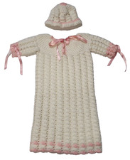 Handmade Crochet Christening Bunting Gown  Bonnet Baby Baptism Dress Lacy