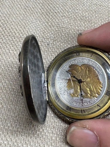 Vintage Liberty Half Dollar Coin Embossed Case Pocket Watch  2 Tone Gold Eagle