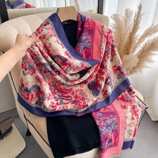 Women’s Soft Wrap Scarf Shawl – Red Blue Floral Print, Warm Winter Pashmina