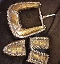 Vintage Western Belt Buckle Set Alpaca Silver Mexico Gold Tone On Silver  4 Pc