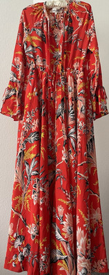 DIANE VON FURSTENBERG Maxikleid S rot rosa gelb Blumen Rüsche Langarm Rundhals