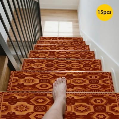 Rubber Anti-Slip Backing 15pcs Geometric Pattern Stair Carpet, Runner Rug, Sta