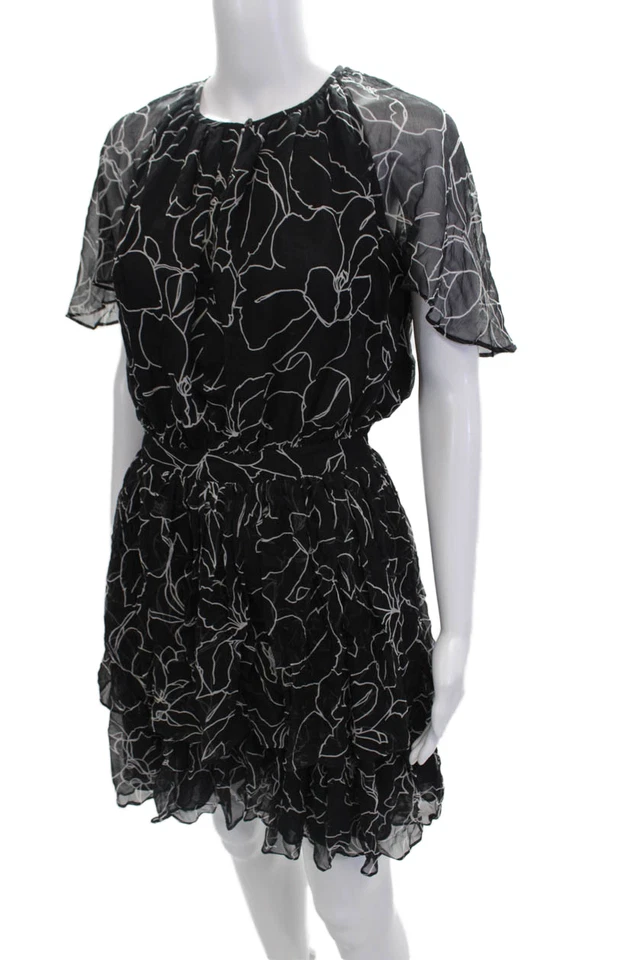 Vestido de mujer Lover estampado de seda manga corta línea A negro blanco talla 4 Foto 2 de 4