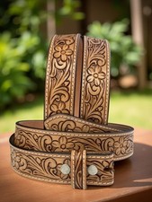 Women's belt Tooled Western Floral Engraved Leather Belt 100 Genuine Full Grain