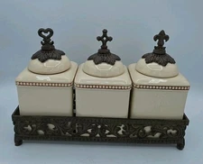 Gracious Goods (GG) Collection 3 Canister Acanthus Set With Metal Base Holder