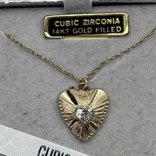 14k Gold Filled Small Heart Pendant .5” CZ Vintage Look 18” Chain Mother’s Day