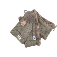 UGG Hat Beanie Scarf Set Womens One Size Khaki Cable Knit Pom Pom Faux Fur Lined