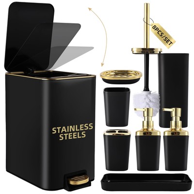 Black Bathroom Accessories 8 Piece Black and Gold Bathroom Set, Bathroom Accesso