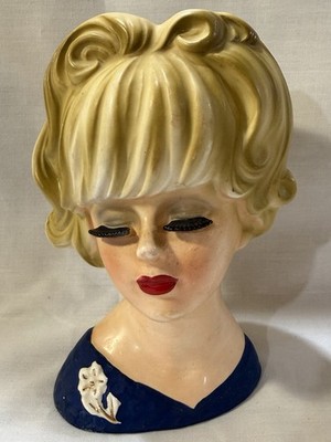 INARCO HEAD-VASE-BEAUTIFUL BLONDE IN A BLUE DRESS WITH A FLOWER BROACH # 3394