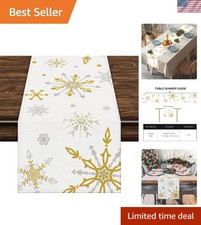 Durable White and Gold Snowflake Table Runner, 72x13 Inches for Holiday Elegance